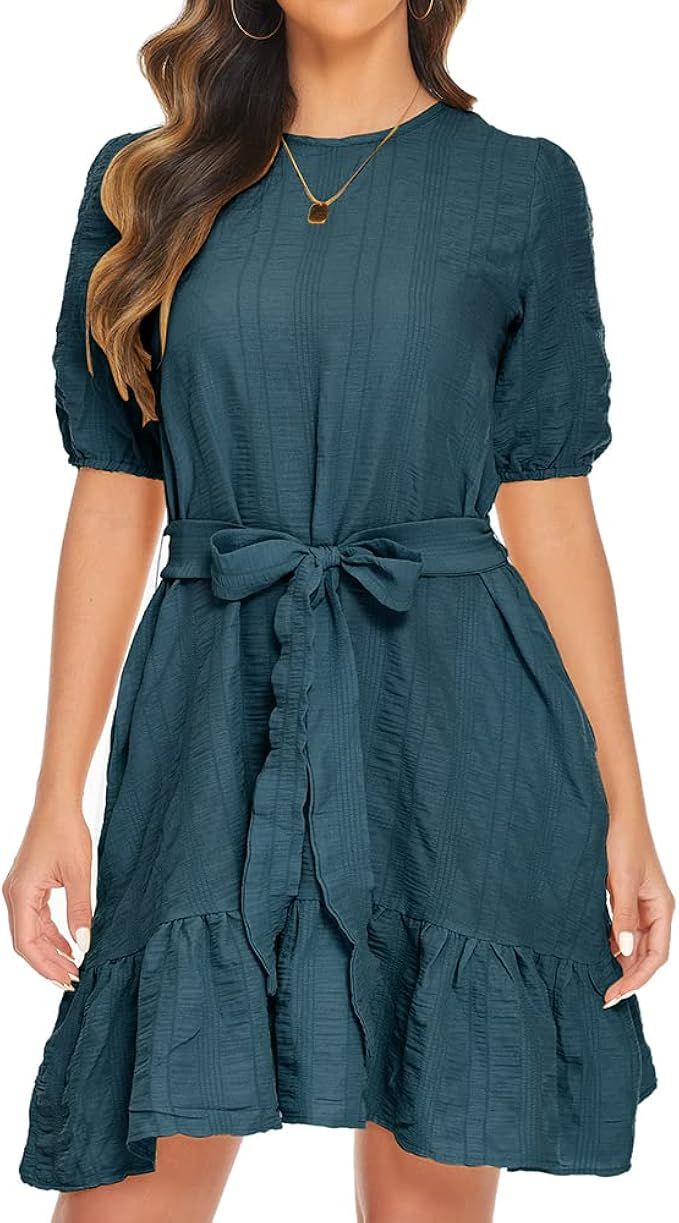 KANWIZL Womens Casual Summer Tiered Dress Swing Ruffle Lantern Sleeve Tie Back A-Line Flowy Dress... | Amazon (US)