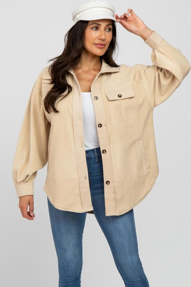 Beige Fleece Button Down Oversized Jacket | PinkBlush Maternity