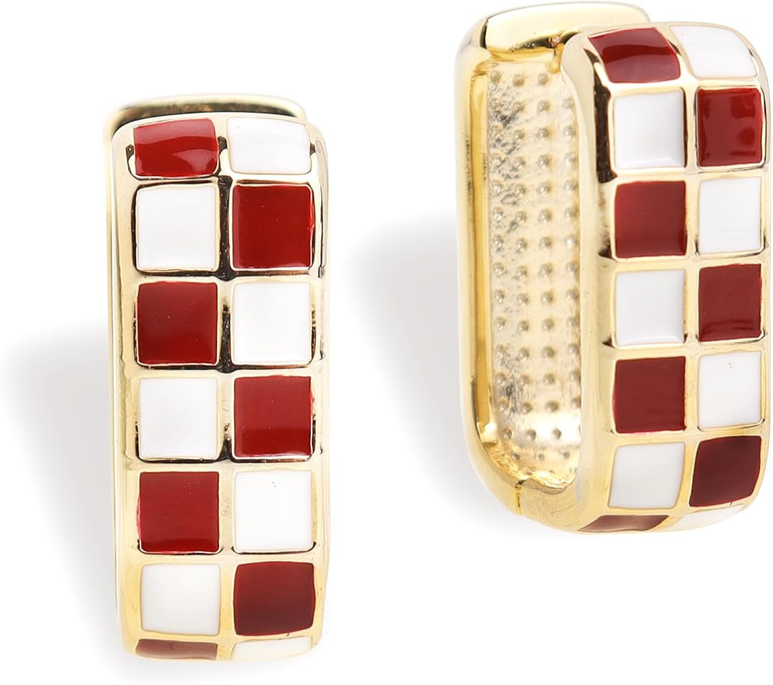Jean Beau Chunky Rectangle Checkered Hoop Huggie Earrings for Women, Trendy 14K Gold Plated Ename... | Amazon (US)