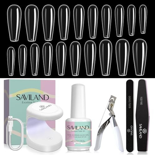 SAVILAND Gel X Nail Kit for Beginner: Long Coffin Nail Tips with 4-in-1 Nail Glue Gel and Nail Lamp Clear Gel X Tips Acrylic Nail Kit for Nail Extensions, Nail Art DIY Salon At Home Gift for Women | Amazon (US)