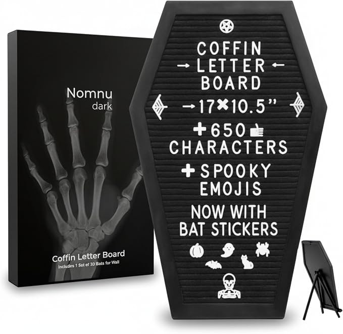 Coffin Letter Board Black +3D Bat Stickers +650 Characters, Spooky Seasonal Emojis, Wooden Stand ... | Amazon (US)