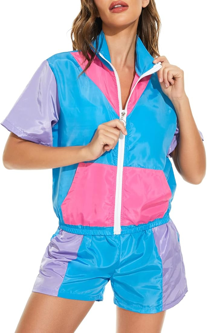Women's Color Block Windbreaker 2 Piece Outfits Short Sleeve Zip Front Elastic Waist Tracksuit Se... | Amazon (US)