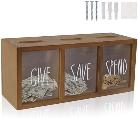 Wooden Piggy Bank for Kids, Spend Save Give Money Saving Box Visualized Coin and Cash Savings Box... | Amazon (US)