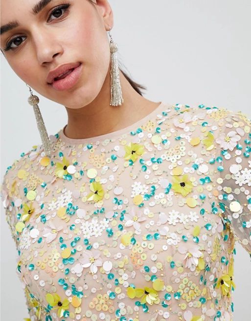 ASOS DESIGN long sleeve 3d floral embellished mini dress | ASOS US