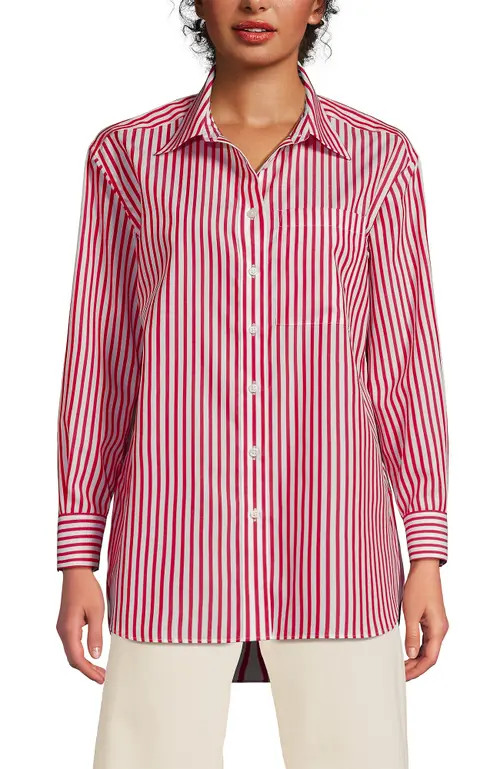 Lands' End No Iron Oversized Poplin Extra Long Tunic in White/compass Red Stripe at Nordstrom, Size Xx-Small | Nordstrom
