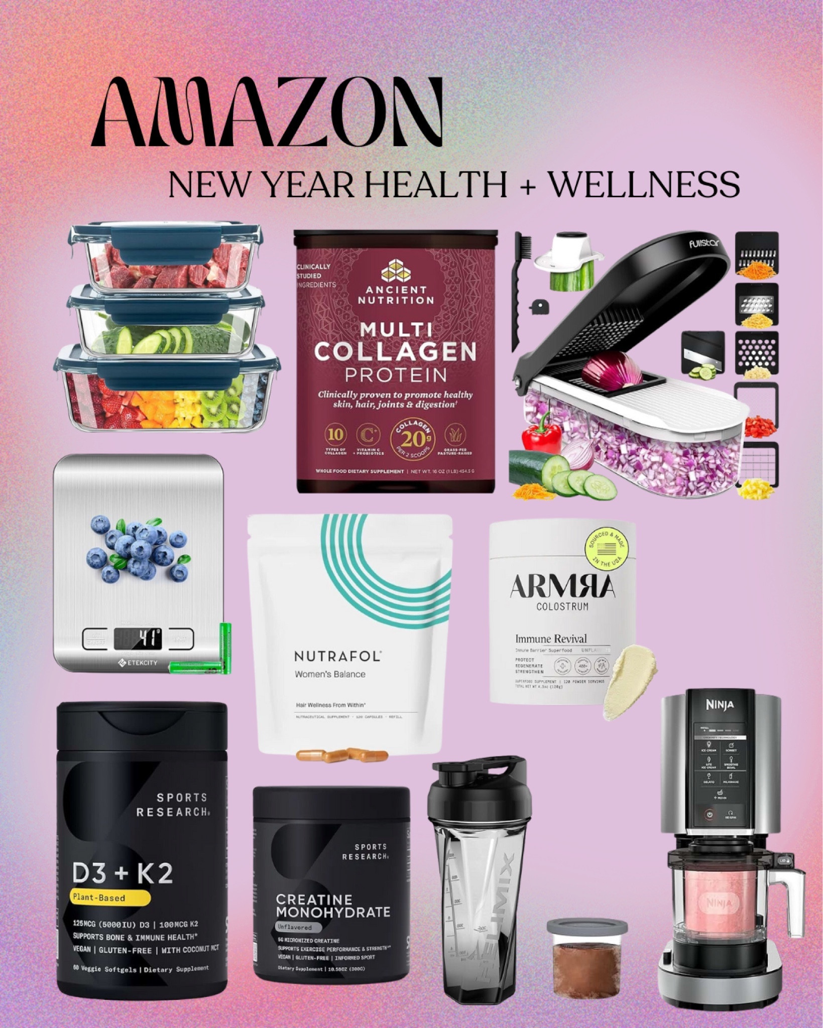 2025 NEW YEAR HEALTH + WELLNESS FINDS ☁️
• glass food storage prep containers
• stainless steel digital good scale
• d3 + k2 supplements
• nutrafol women’s balance for hair
• creatine monohydrate 
• ancient nutrition multi collagen protein
• arma colostrum
• helimix shaker bottle
• ninja creami (for the best high protein ice cream)
• vegetable chopper (for the viral chopped salads)

#LTKsalealert #LTKfitness #LTKActive