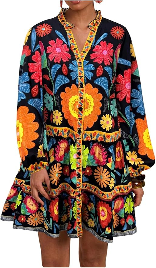 SOLY HUX Women's Floral Print Summer Short Dresses Boho Beach Long Sleeve Button Down Flowy Smock... | Amazon (US)