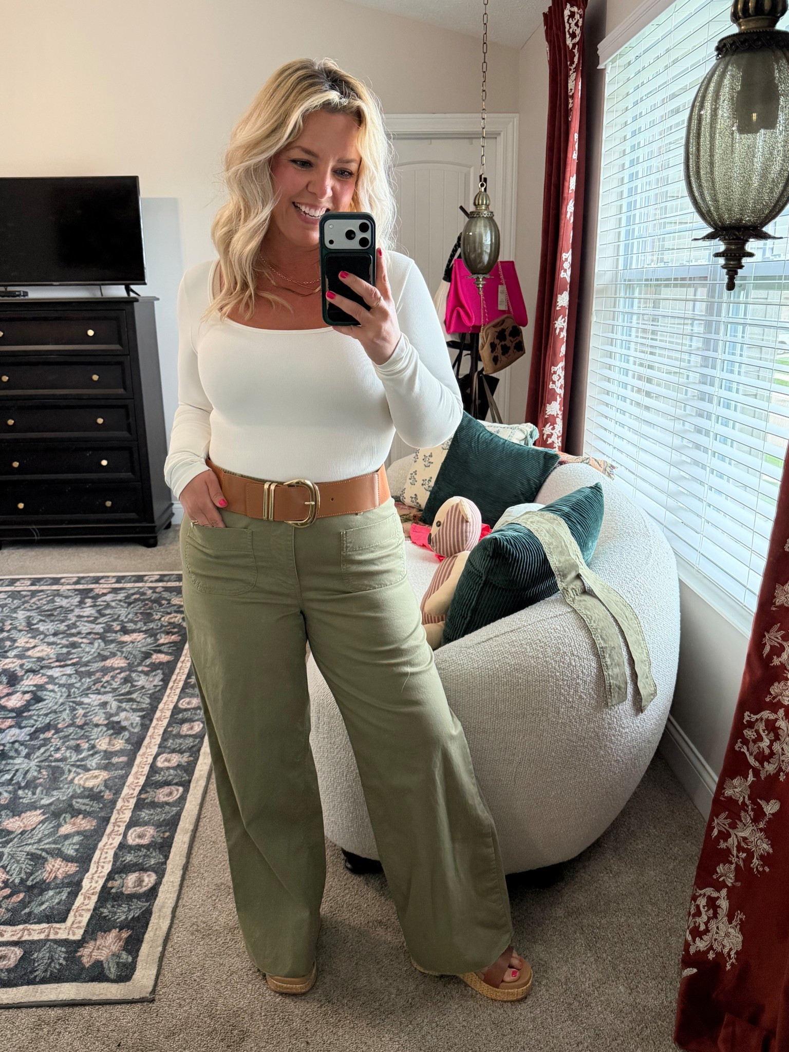 Great casual work wear/office outfit! Walmart military style pants & bodysuit, Amazon stretchy belt & the most comfy wedges by Reef!
I am between a med & lg & can almost always size down to a med at Walmart so pants are med & were too long (I’m 5’2”) so I just cut off the hem 🤷🏼‍♀️🤣
I also linked some other things I’d use to style these pants too!

#LTKMidsize #LTKPetite #LTKOver40