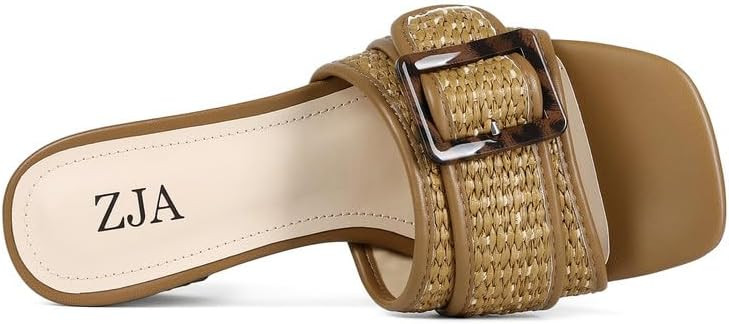 ZJA Raffia Sandals for Women Block Heels Square Open Toe Heeled Dress Chunky Mules Slip on Shoes | Amazon (US)