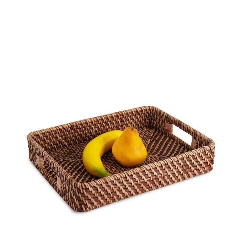 Simple Life Rectangular Brown Rattan Wicker Serving Trays with Handles (13.5x10-inch) | Walmart (US)