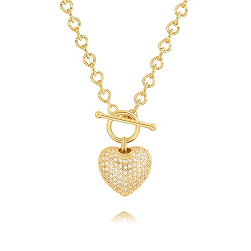 PEARLADA Statement CZ Heart Pendant Necklace, Trendy Toggle Necklace for Women, 18k Gold Chunky Chain Link Necklace | Amazon (US)