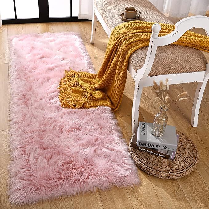 Rtizon Faux Fur Washable Rug, 2 x 5.9 Feet Pink Fluffy Sheepskin Rug for Girls Bedroom Livingroom... | Amazon (US)