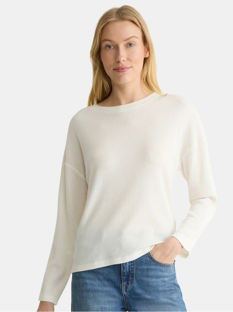 Time and Tru Women's Boxy Thermal Tee with Long Sleeves, Sizes XS-XXXL | Walmart (US)