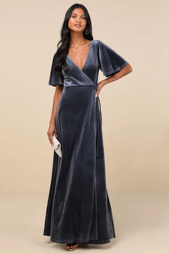 Defining Elegance Slate Blue Velour Short Sleeve Wrap Maxi Dress | Lulus