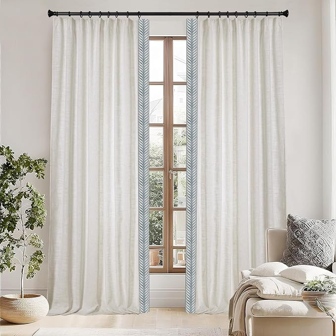Natural Linen Embroidered Border Curtains, Rod Pocket Back Tab Room Light Filtering Indoor Privac... | Amazon (US)