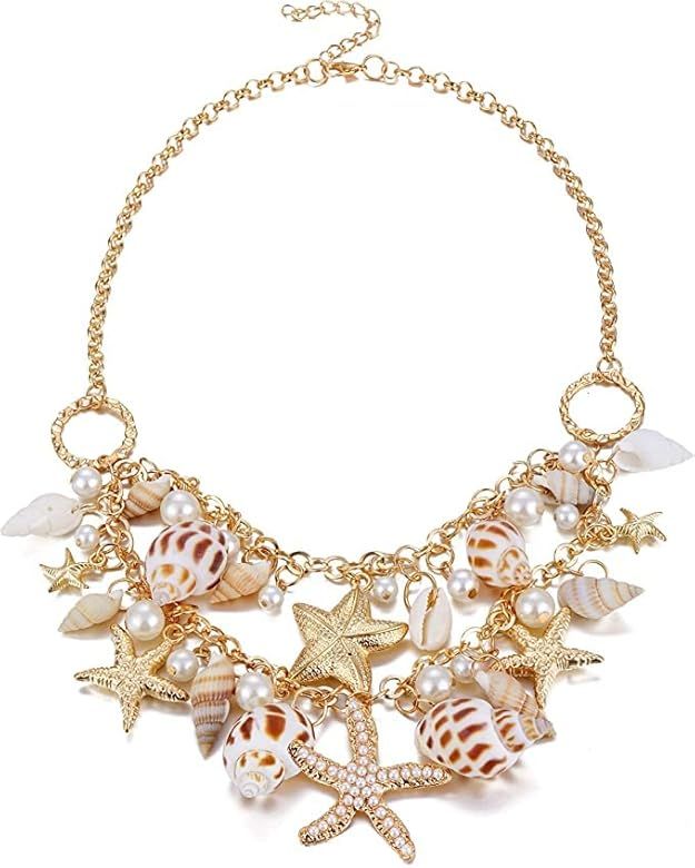 Shell Necklace Choker Mermaid Tail Necklace - Fashion Sea Shell Starfish Faux Pearl Collar Bib St... | Amazon (US)
