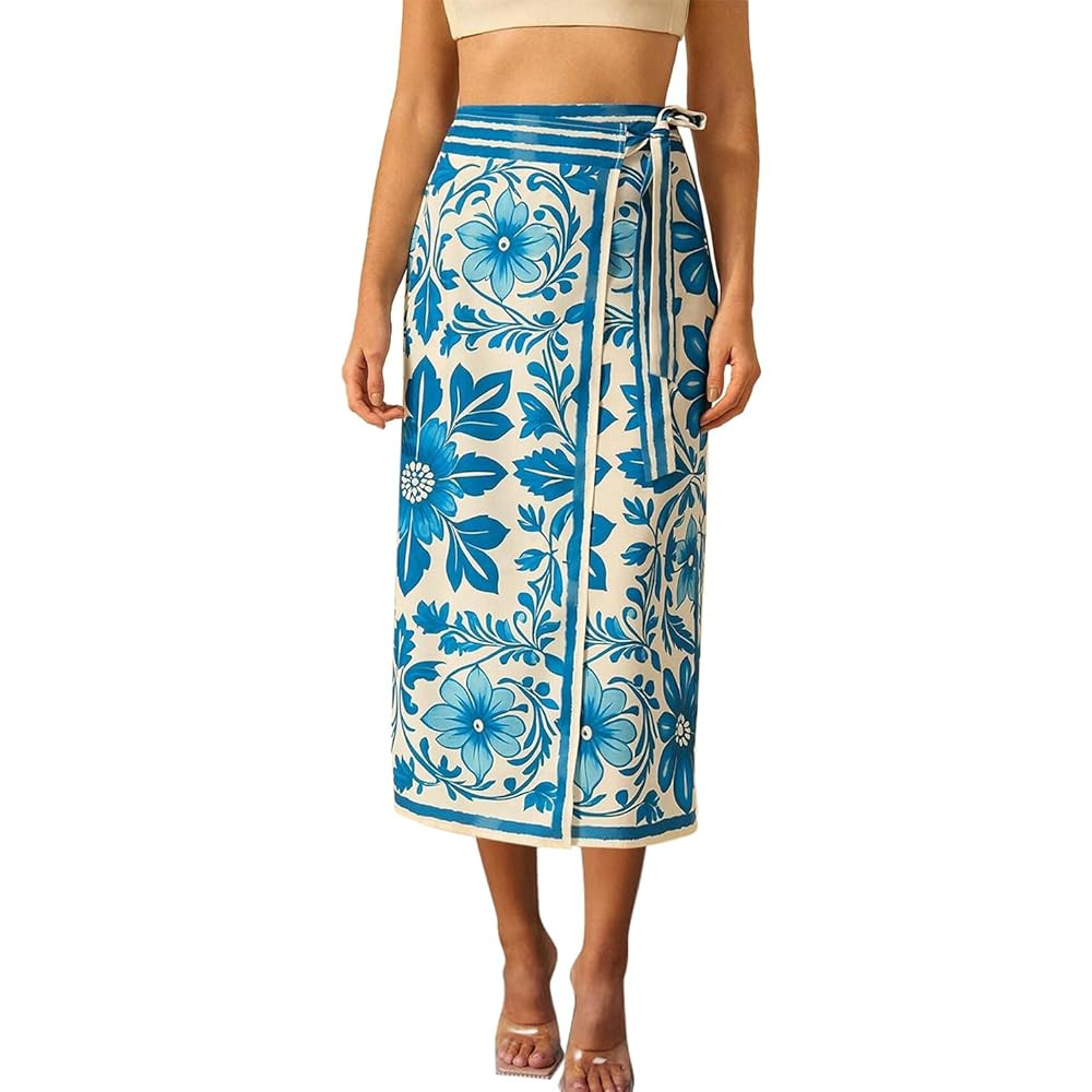 Womens Floral Wrap Midi Skirt Summer Adjustable Tie Side Casual High Waist A Line Beach Boho Long... | Amazon (US)
