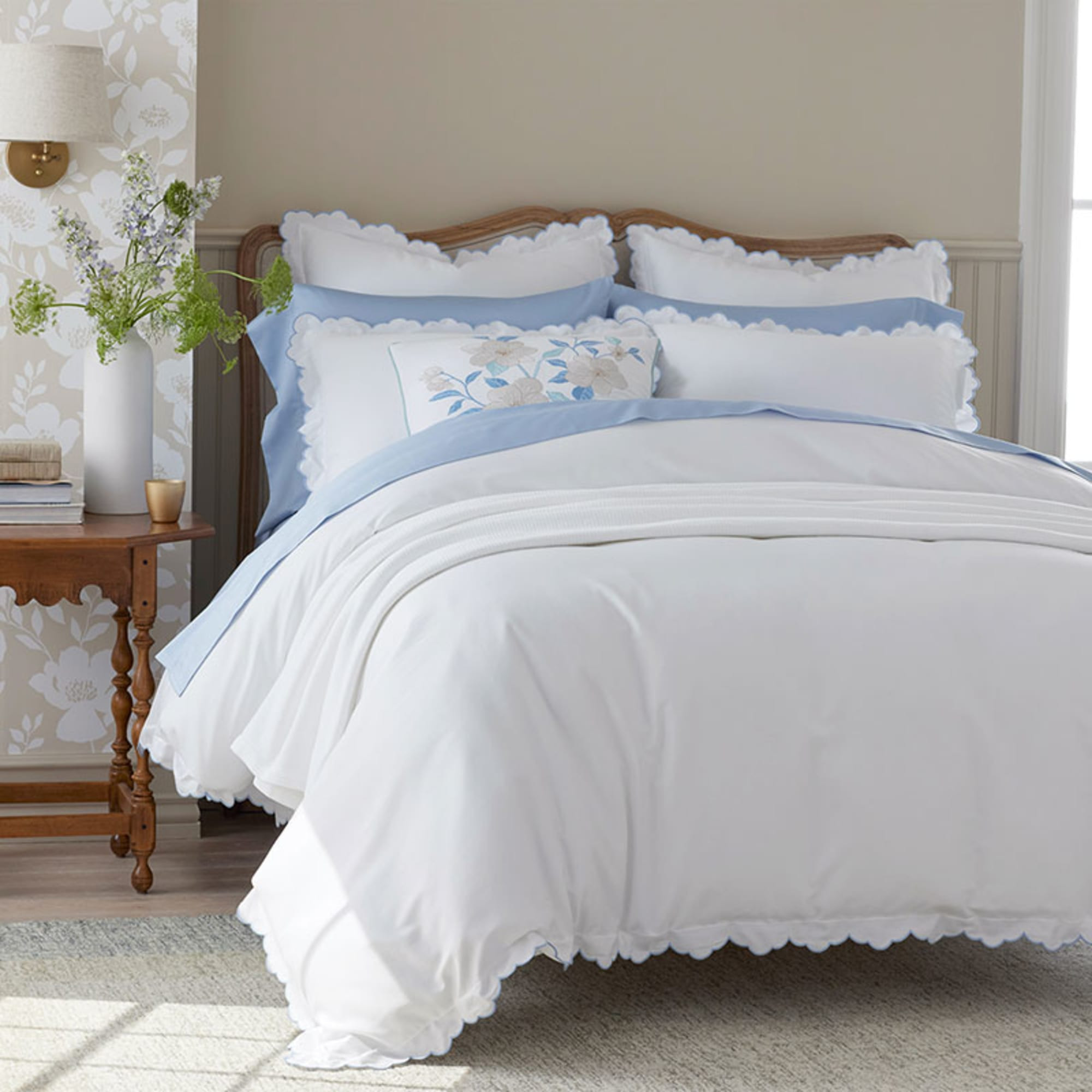 Embroidered Scallop Classic Smooth Sateen Solid Duvet Cover - Light Blue, King/Cal King | The Company Store