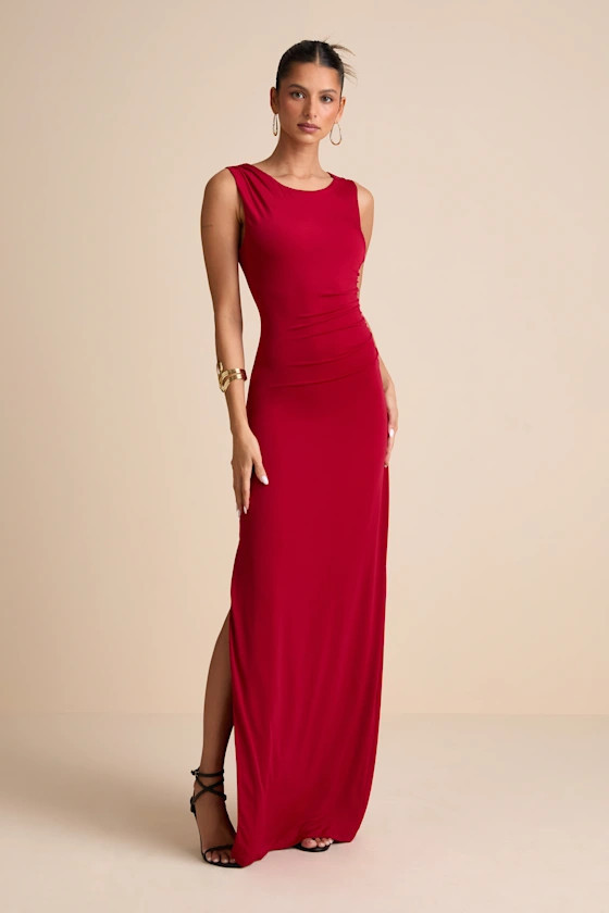 Significant Allure Red Slinky Knit Ruched Maxi Dress | Lulus