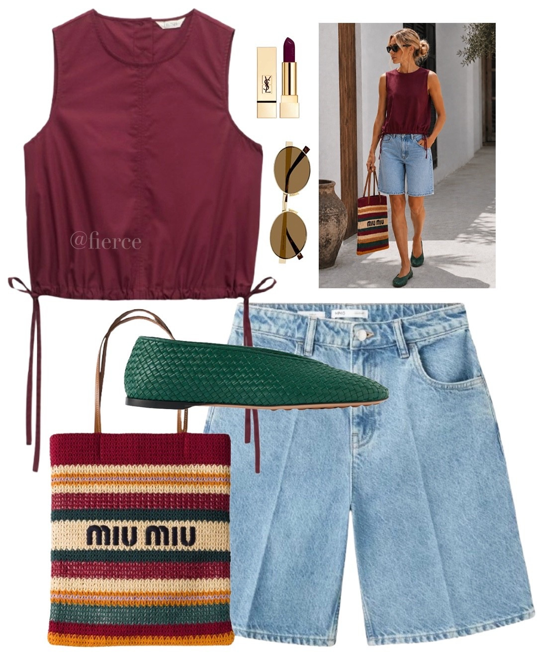 Burgundy tie detail top blue jeans green woven ballet flats Miu Miu striped knitted bag

#LTKuk #LTKsummer #LTKeurope