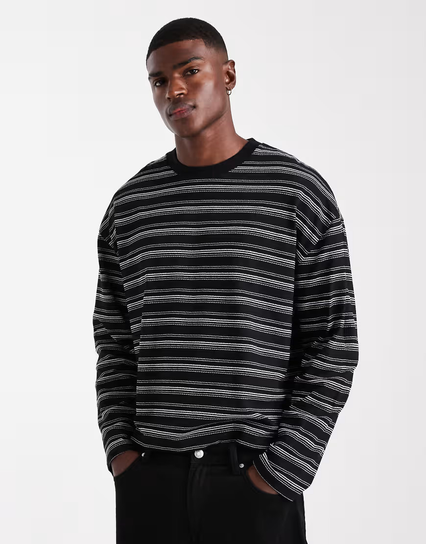 ASOS DESIGN heavyweight boxy oversized long sleeve T-shirt in black texture stripe-Multi | ASOS (Global)