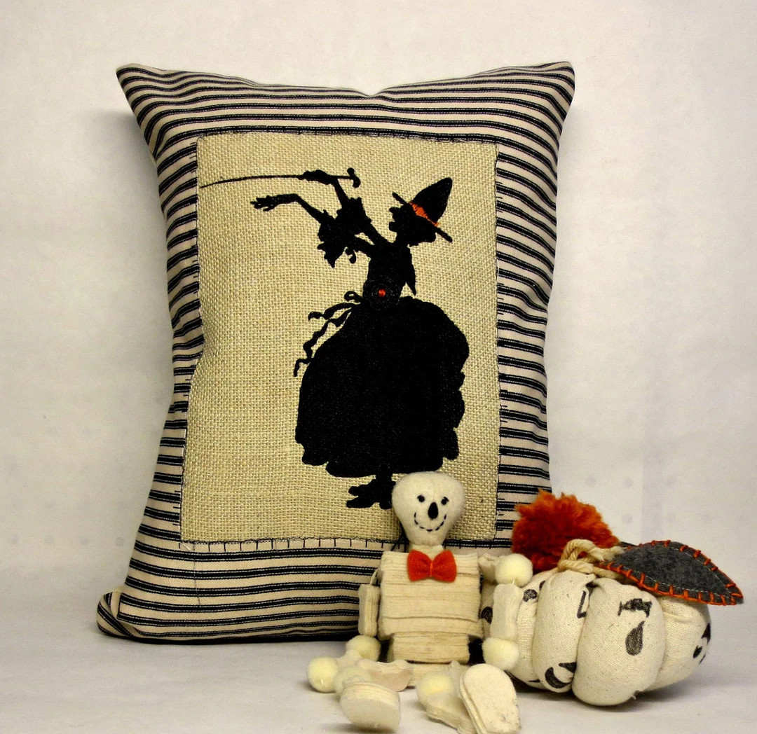 Wicked Witch Halloween Pillow: Burlap Silhouette, Orange Accents - Etsy | Etsy (US)
