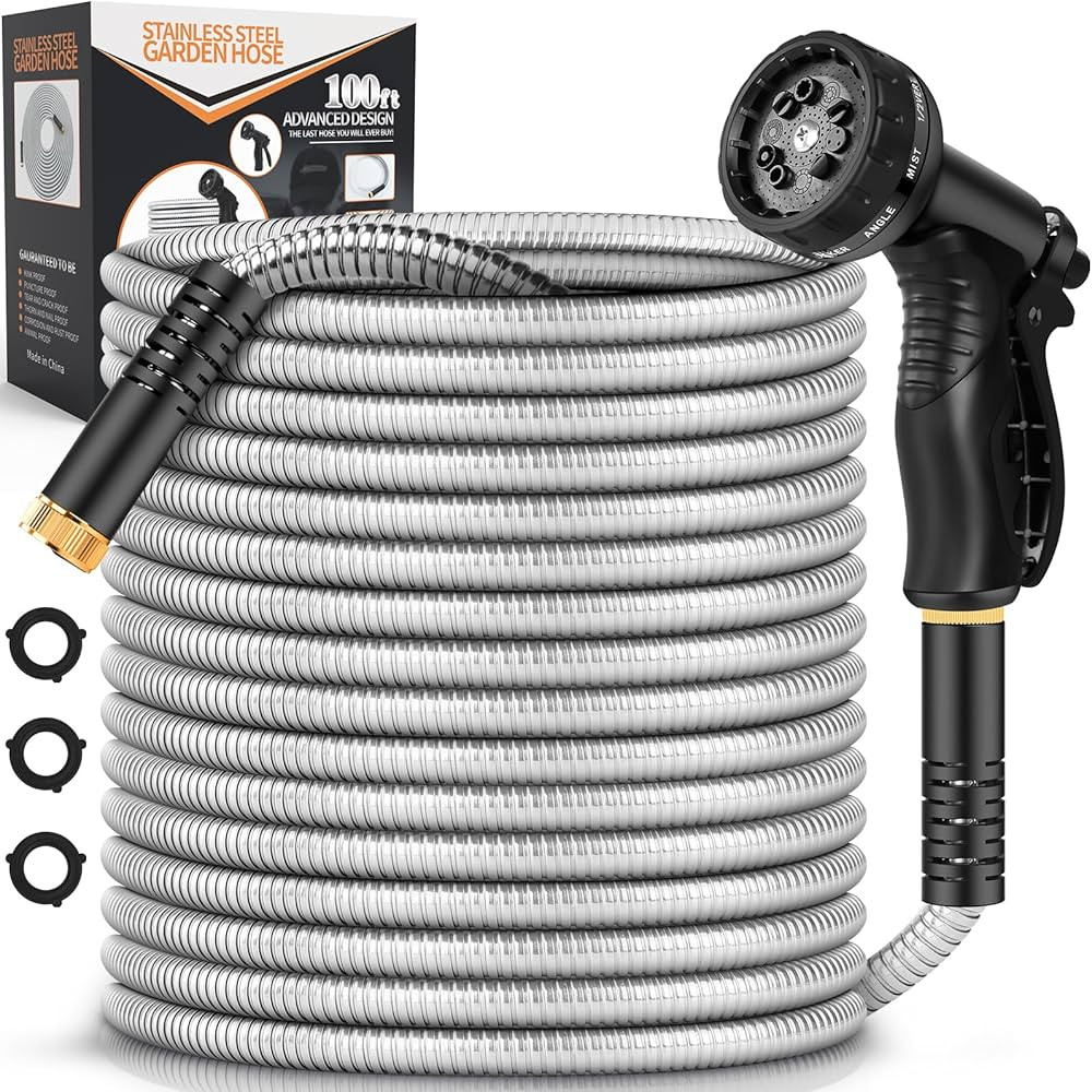 Tuzoc Metal Garden Hose 100FT, Stainless Steel Heavy Duty Water Hose With 10 Function Nozzle, No-... | Amazon (US)