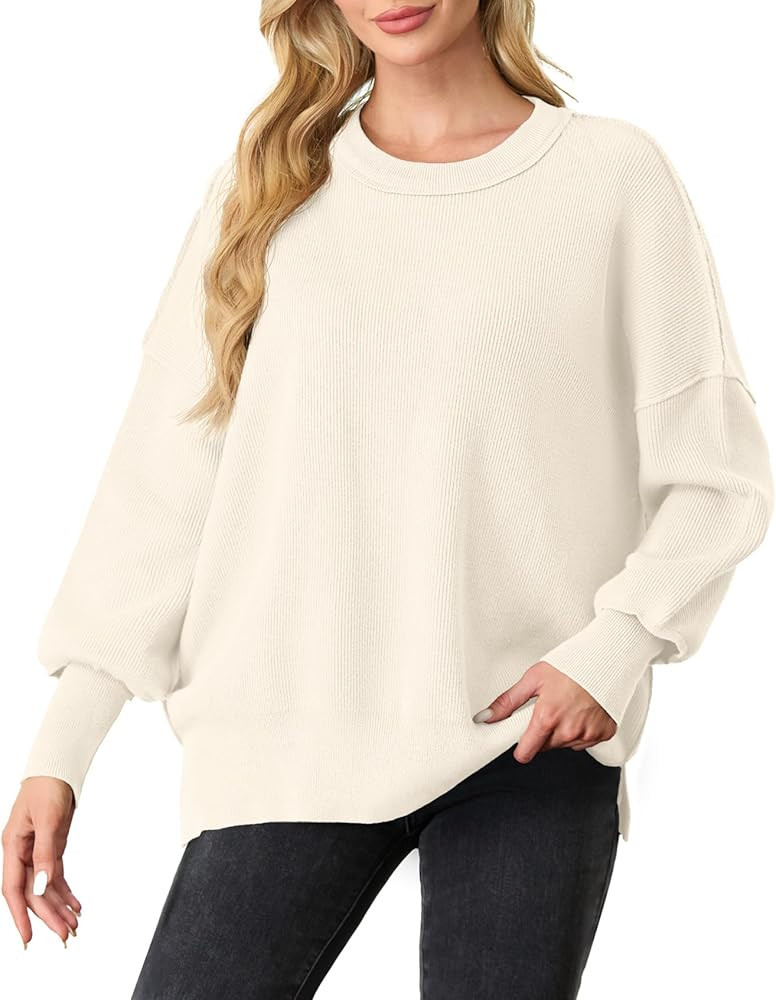 Qixing Sweaters for Women Fall 2024 Oversized Crewneck Batwing Long Sleeve Side Slit Ribbed Knit ... | Amazon (CA)