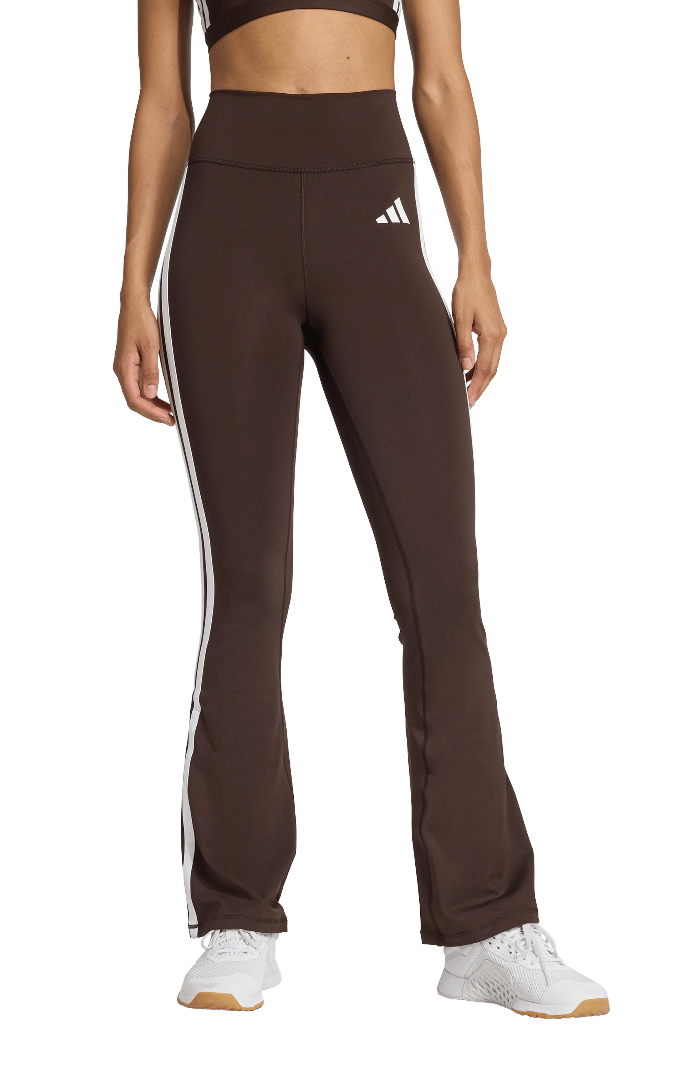 adidas Optime Essentials 3-Stripes High Waist Flare Leggings in Aurora Coffee/White at Nordstrom Rack, Size Medium | Nordstrom Rack