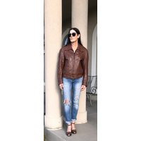 Vintage Modern Brown Leather Bomber Moto Style Jacket Coat Zipper Short | Etsy (US)