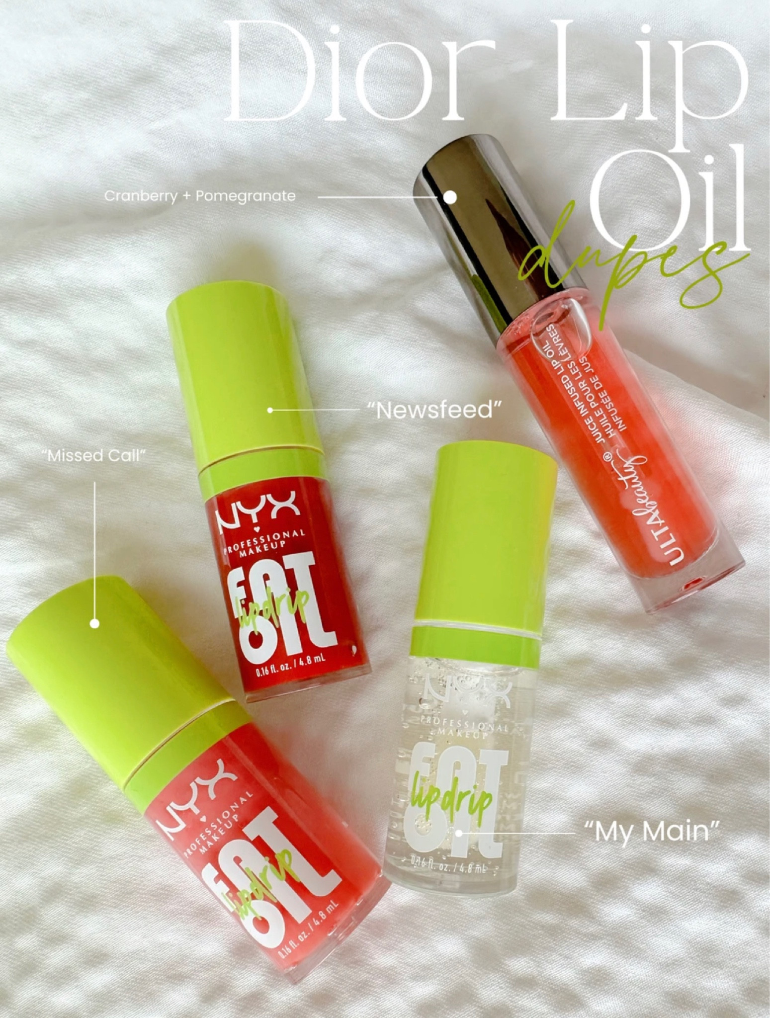 I love my Dior Lip Oil! I recently lost my favorite one and instead of running out and spending $40 on a new one I decided to give these a try to see if they compare. I’ll say I was not disappointed.  The NYX version has a similar applicator but I will say, it does not pick up as much product so I have to go in 2-3 times in order to get the desired amount of product on my lips. But other than that the shades are beautiful, the wear is comfy and they last a long time!  The Ulta Beauty version surprised me! The applicator is much thinner but it gave me a lot more product in one dip! The wear felt more luxurious than the NYX. I would say be careful if your lips are sensitive because they are juice infused and gave me a little tingle when I first applied it.  Overall, these are great dupes for a great price! I’ll definitely keep this in rotation for regular use but I’ll be repurchasing my Dior for when I want something more elevated! 