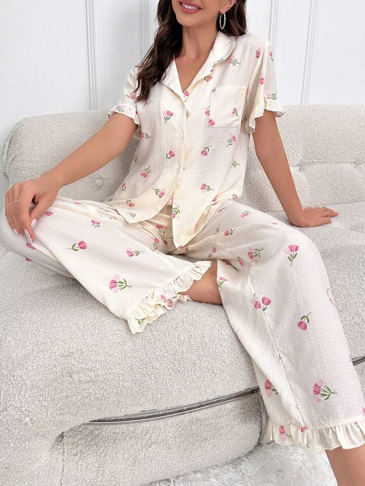 Floral Print Ruffle Trim PJ Set | SHEIN