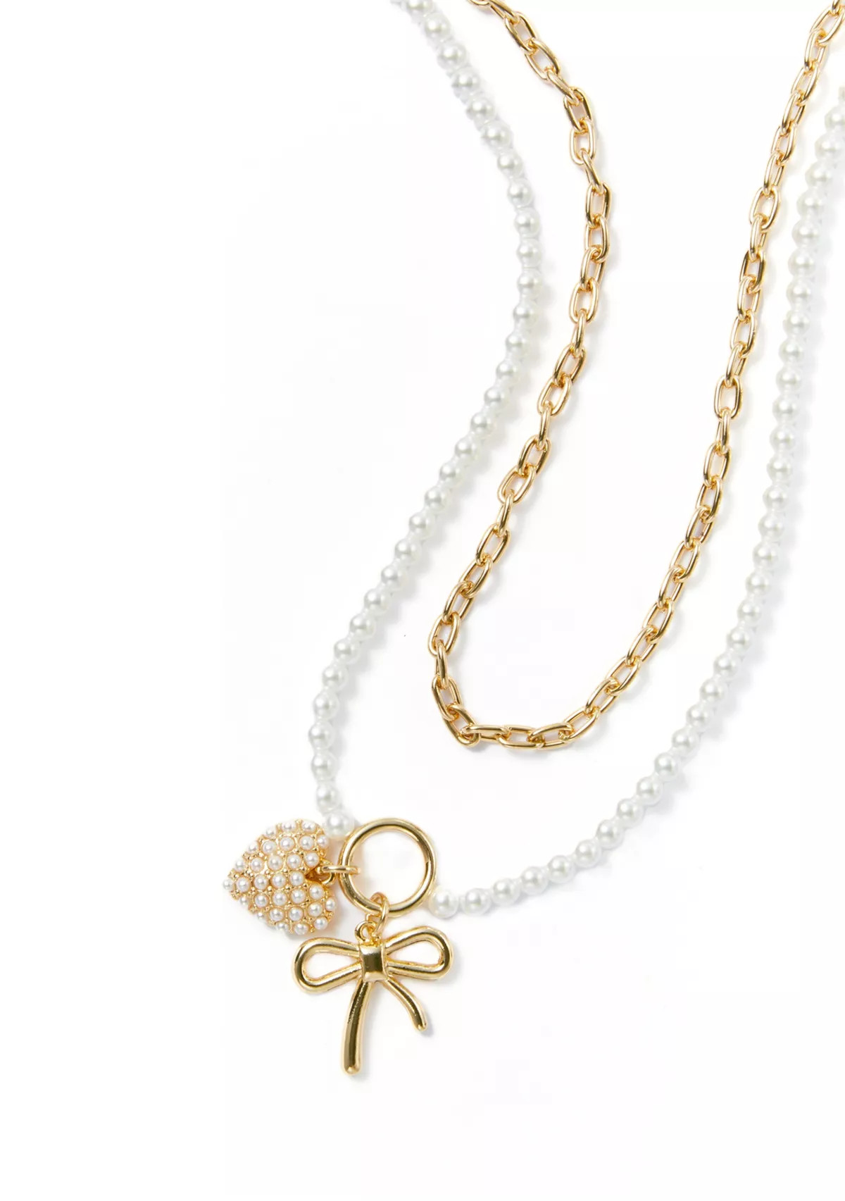 Crown & Ivy™ Pearl Heart Bow Charm Multi-row Necklace | Belk
