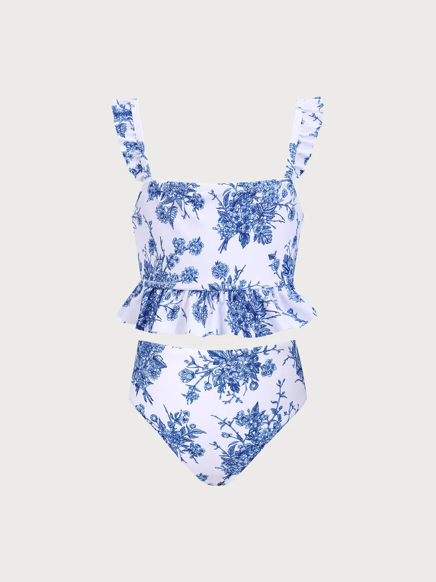 Girls' Blue Floral Tankini Set & Reviews - Blue - Sustainable Girls Clothing | BERLOOK | BERLOOK