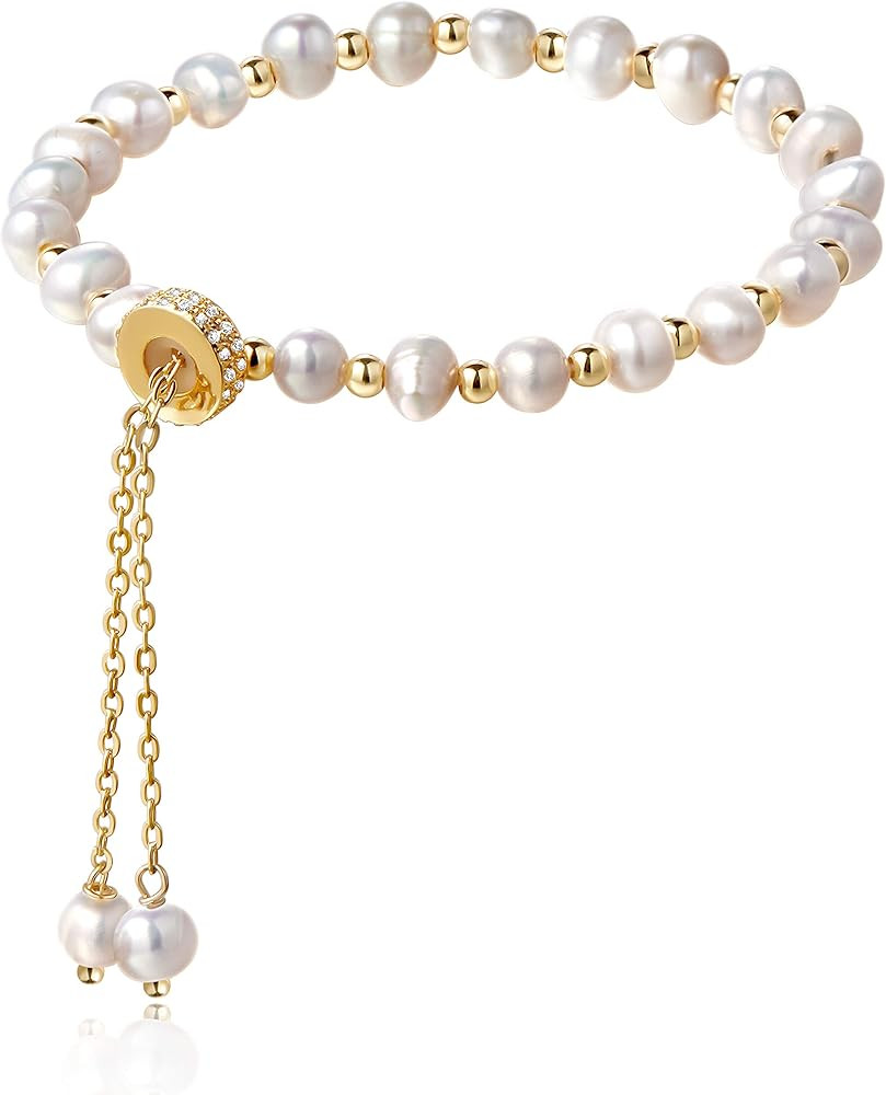 Cowlyn Pearl Bracelets for Women - Dainty 14K Gold Plated Beaded Pearl Link Chain Birthday Christ... | Amazon (US)