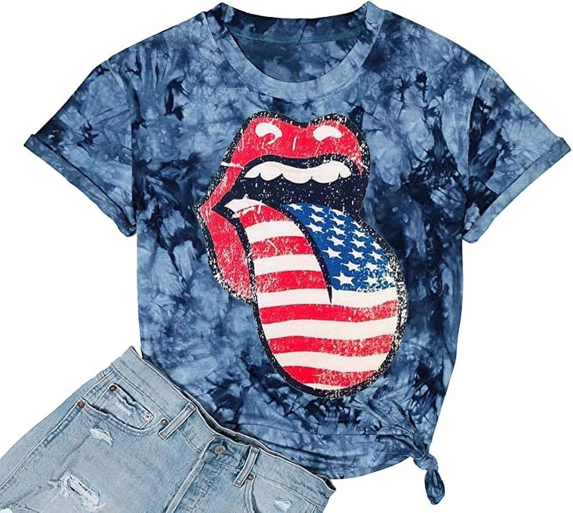 EIGIAGWNG Womens American Flag Lips T-Shirt Funny July 4th Independence Day Graphic Tees Tops | Amazon (US)