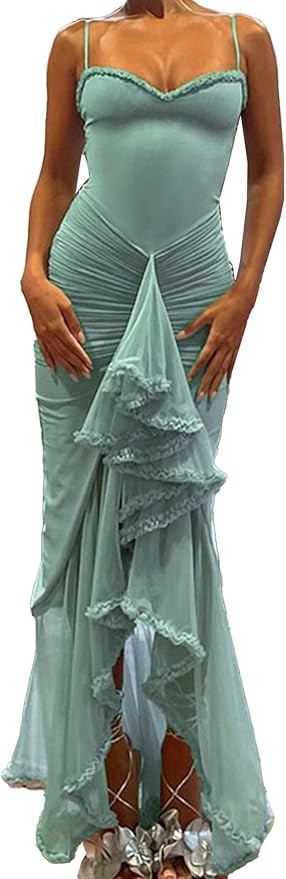 NRTHYE Women Elegant Irregular Ruffles Hem Maxi Dress Mesh Ruched Sleeveless Backless Pleated Lon... | Amazon (US)