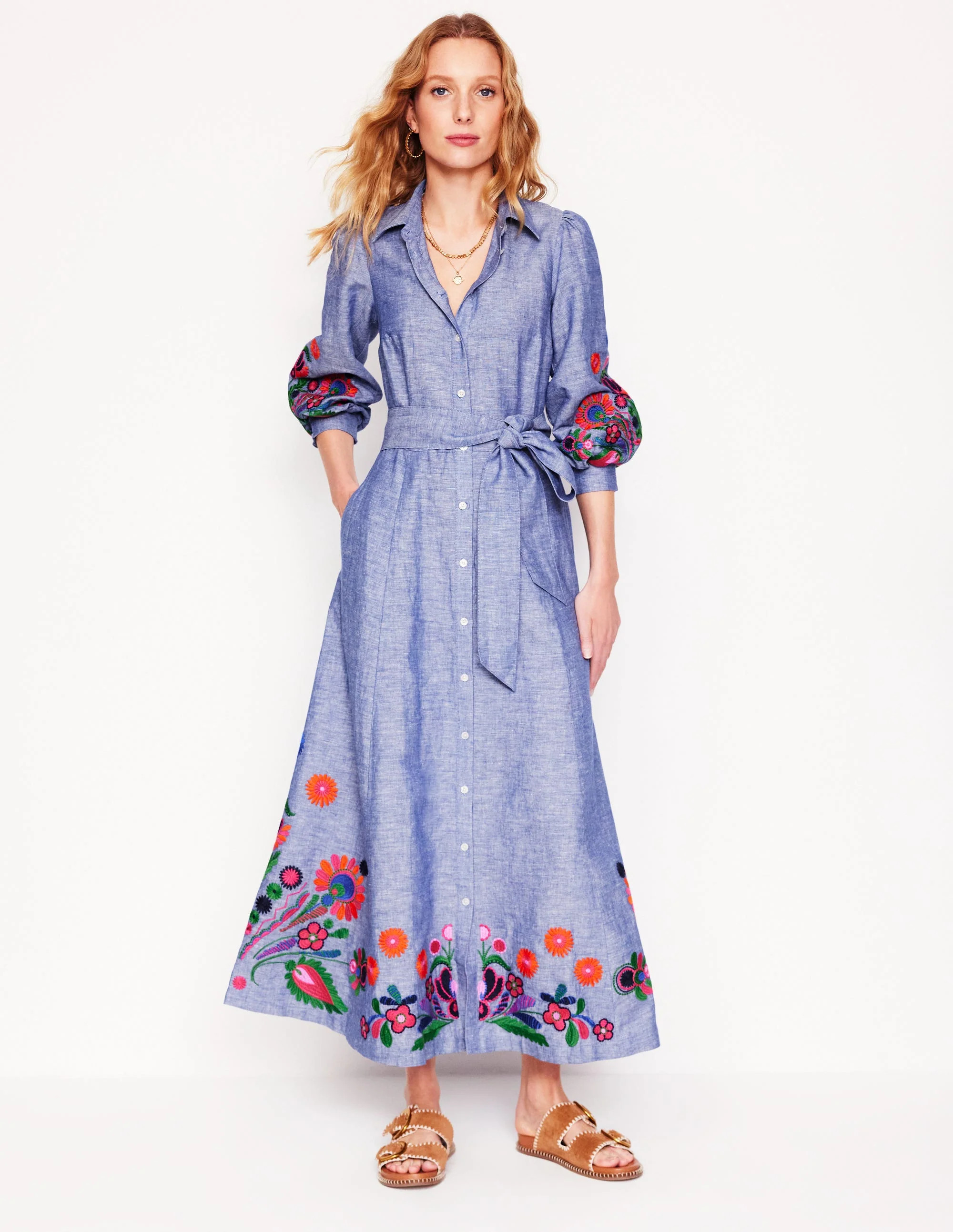 Clara Linen Blend Shirt Dress-Blue Chambray, Embroidered | Boden (US)