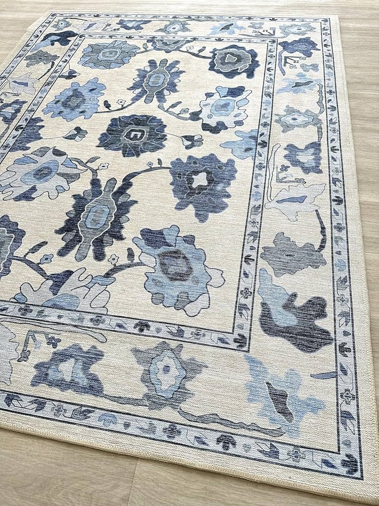 Navy Blue Oushak Rug, Modern, Vintage, Turkish, Eclectic, Floral, Pastel, Washable, Area Rugs for... | Amazon (US)