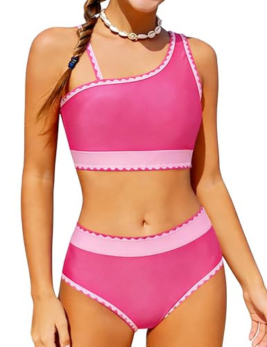 Funnycokid Girls Swimsuits Size 14-16 Two Piece Teen Bathing Suit Kids Hotpink 15-16 Bikini Sets with Chest Pad Adjustable Straps Swimwear | Amazon (US)