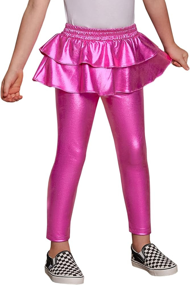Jxstar Girls Metallic Leggings with Skirt Kids Shiny Sparkle Stretch Pants | Amazon (US)