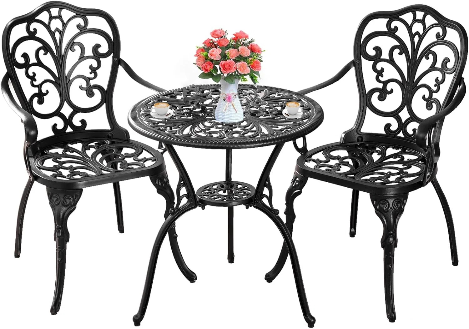 Round 2 - Outdoor Cast  Aluminum Bistro Set with Umbrella Hole,Outdoor Patio Bistro Sets,Black | Wayfair North America