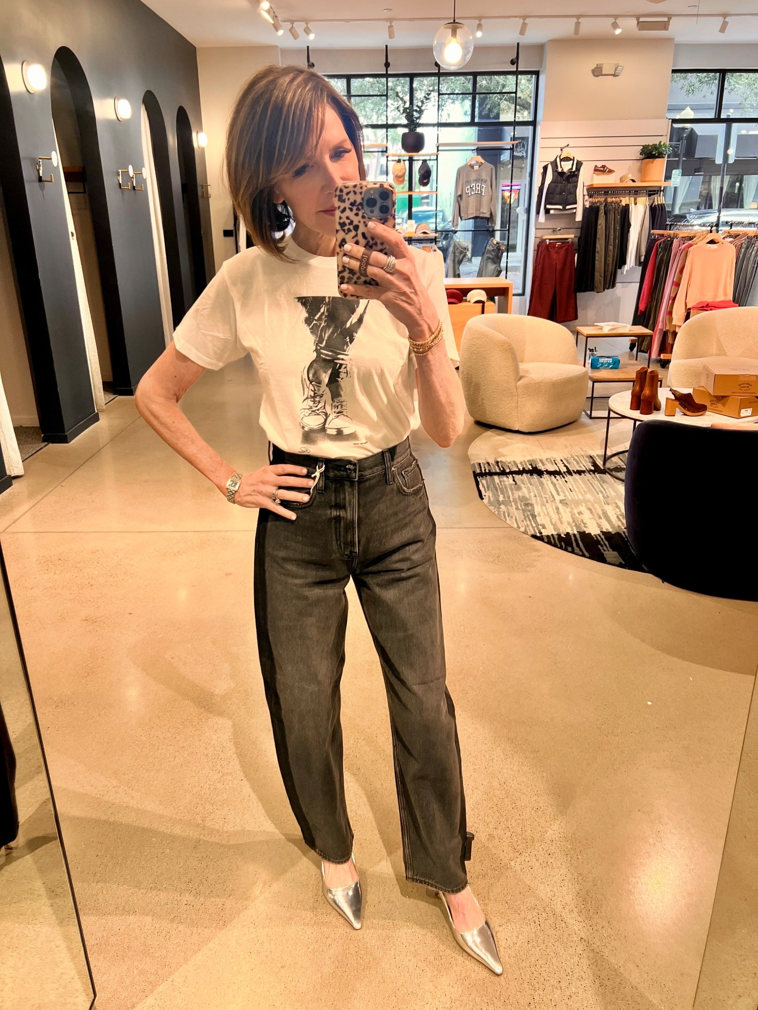 graphic tee, striped jean, tuxedo denim, track pant jeans, silver heels, over 50 outfit, winter outfit 

#LTKOver40 #LTKSeasonal #LTKootd