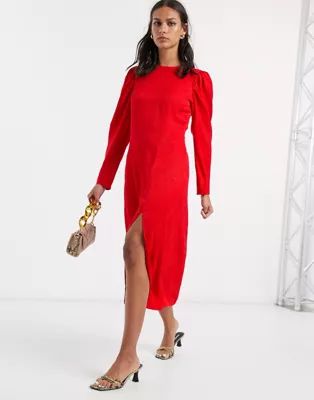 & Other Stories dot jacquard puff sleeve midi dress in red | ASOS (Global)