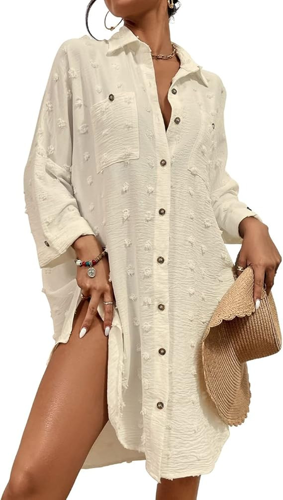 Bsubseach Women Swimsuit Coverup Blouse Button Down Shirt Dresses Swiss Dot Tops | Amazon (US)