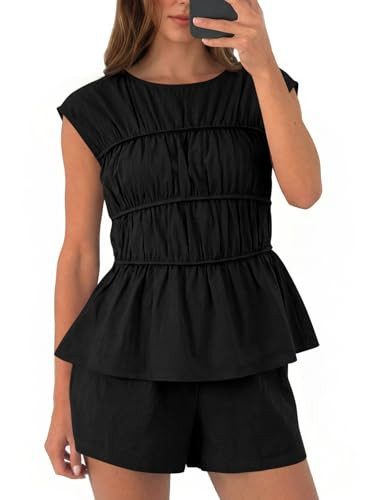 Amazon.com: Tankaneo Womens Summer 2 Piece Short Sets Pleated Cap Sleeve Babydoll Peplum Blouse C... | Amazon (US)