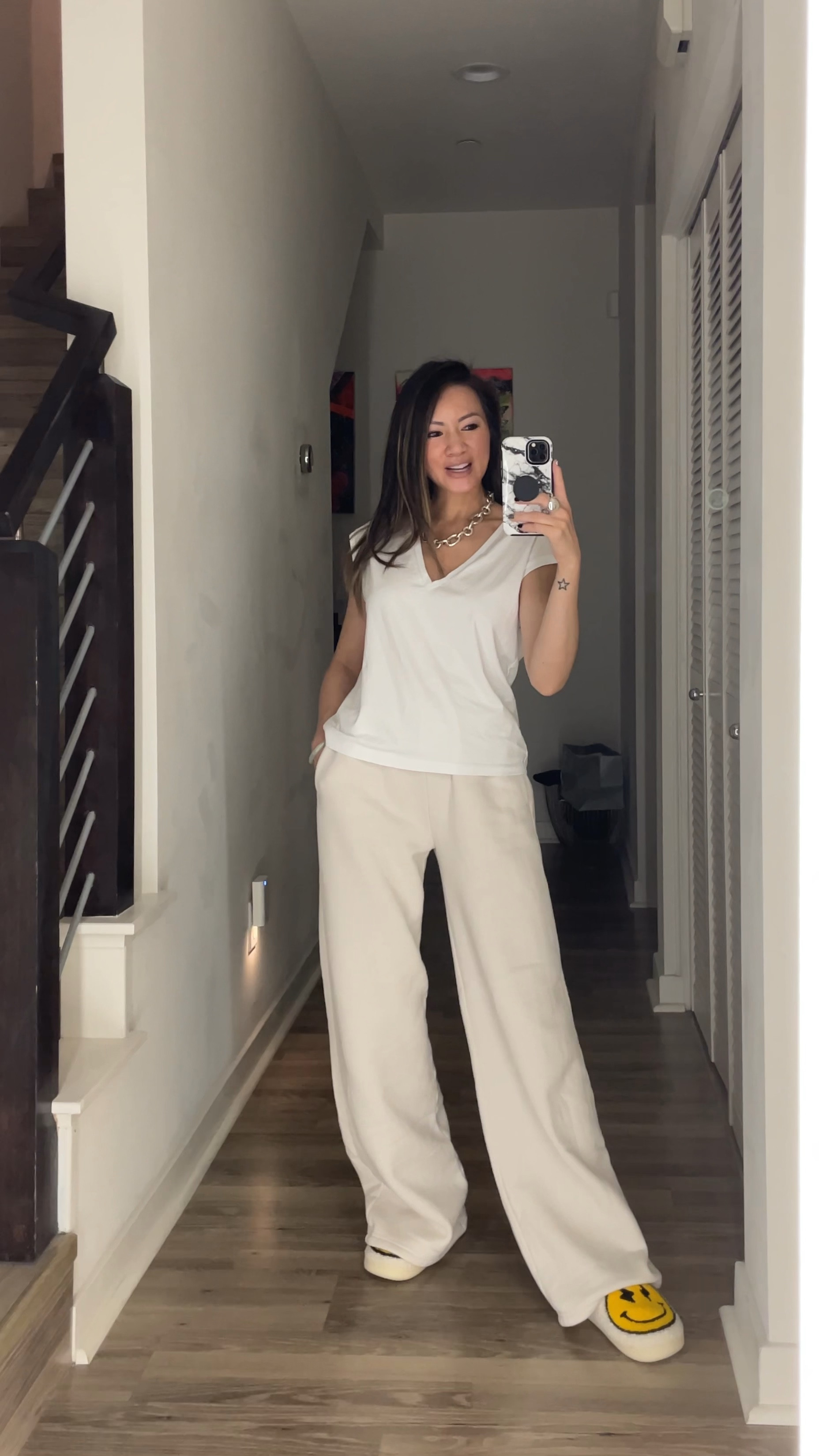 WFH outfit ⚡️ What I’m wearing working from home. Abercrombie sweatpants are my favorite. The quality is so good and it’s so soft. Loving this new wide legged sweatpants and this deep v neck shirt. 

Work from home outfit, casual outfit, loungewear, T-shirt, sweatpants, off duty outfit, running errands outfit, travel outfit, The Stylizt 

#LTKStyleTip #LTKFindsUnder100 #LTKHome