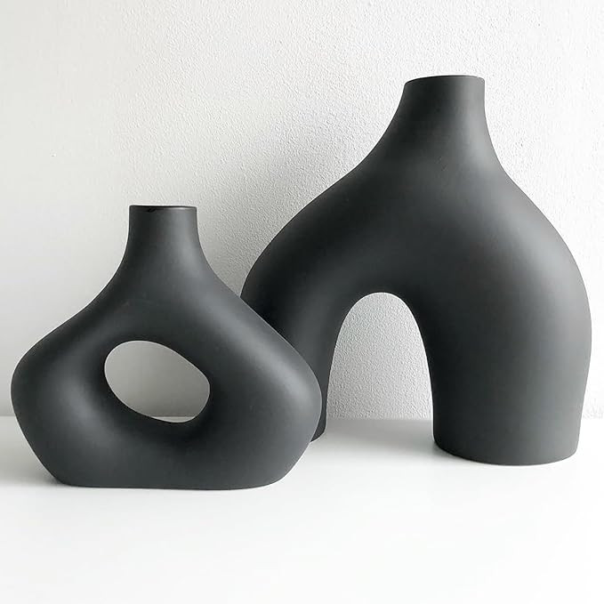 Black Vases Home Decor, Set of 2 Large Black Vase, Black Ceramic Vase, Boho Vase, Decorative Vase... | Amazon (US)
