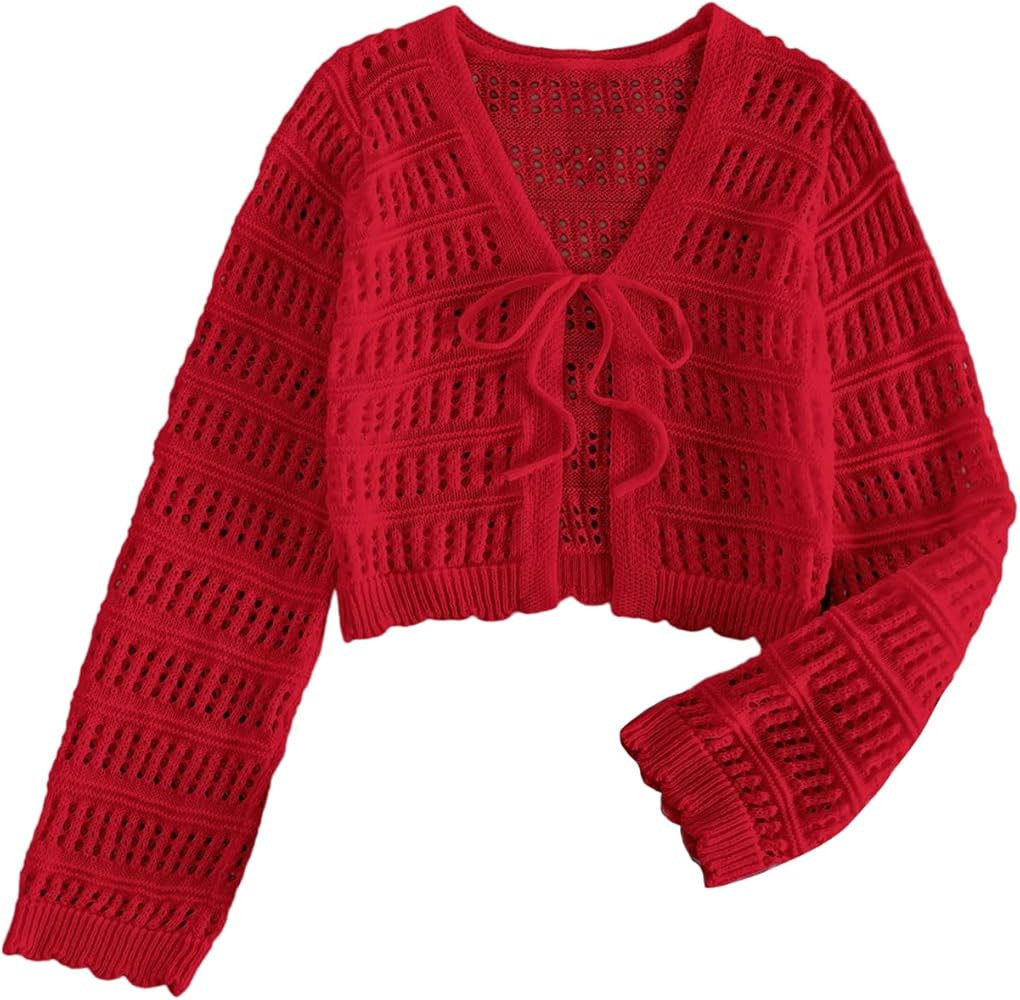 SHENHE Women's Tie Front Hollow Out Cover Up Summer Boho Knit Cardigan Crop Tops | Amazon (US)