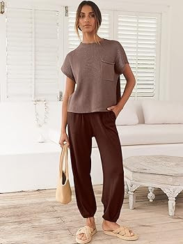 ANRABESS Women's Two Piece Outfits Sweater Sets Knit Pullover Tops and High Waisted Pants Tracksu... | Amazon (US)